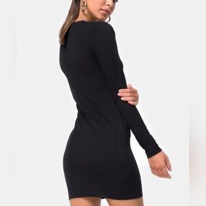 Motel Rocks Black Ribbed Zip Bodycon Dress Long Sleeve Medium